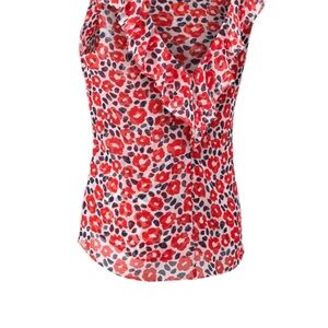 CAbi Red and White Floral Ruffle Blouse. Flipside